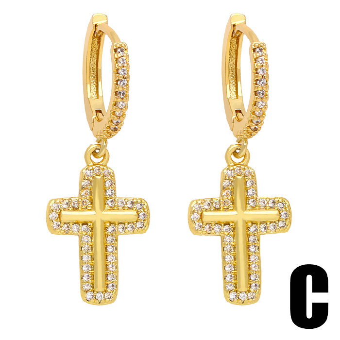 1 Pair Modern Style Cross Tree Plating Inlay Copper Zircon 18K Gold Plated Drop Earrings