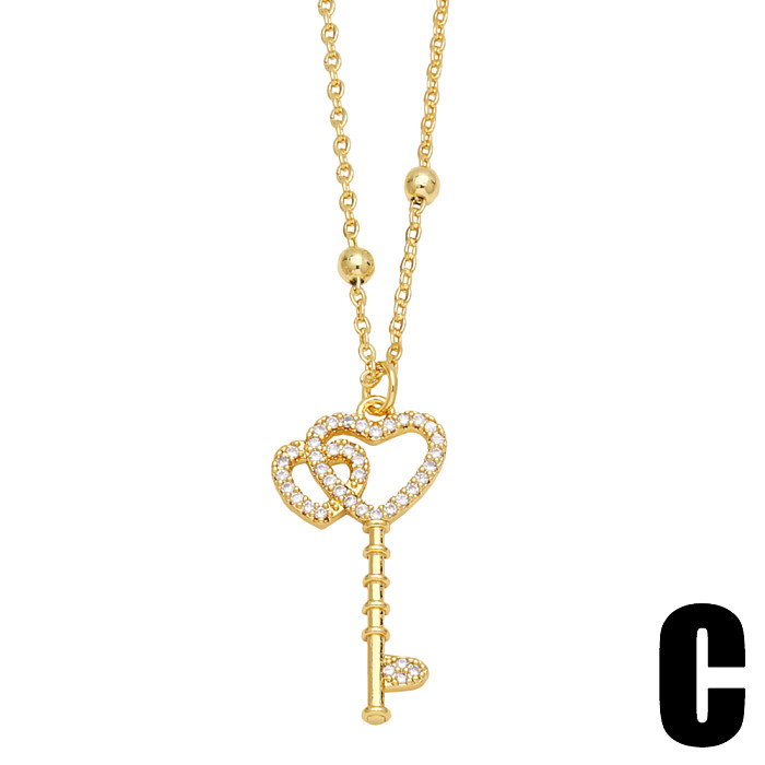 INS Style Heart Shape Key Lock Copper Plating Inlay Zircon 18K Gold Plated Pendant Necklace