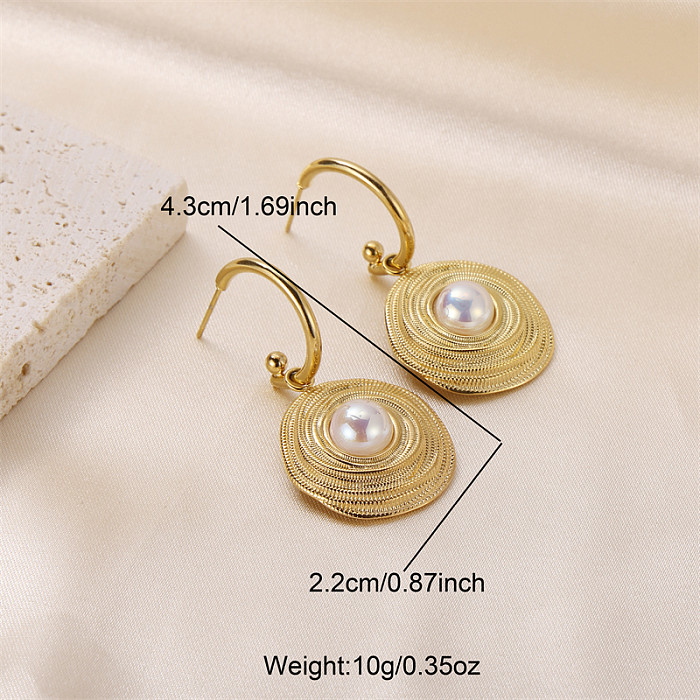 Élégante dame géométrique en acier inoxydable placage incrustation perle plaqué or 18 carats anneaux boucles d'oreilles collier