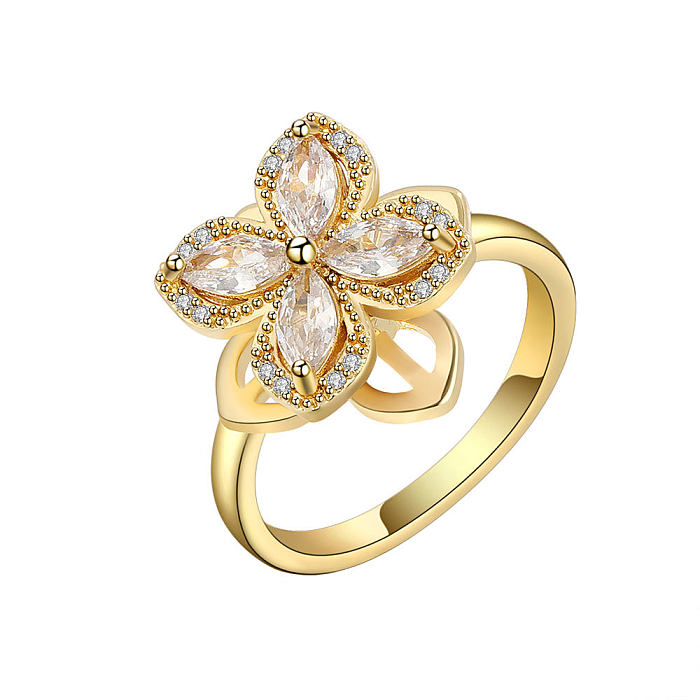 Rotatable Four-leaf Clover Ring Female Copper Micro-encrusted Zircon Ring