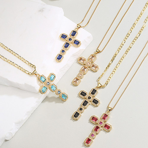 Fashion Cross Copper Pendant Necklace Plating Inlay Zircon Copper Necklaces