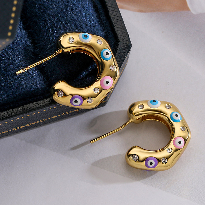 1 Pair Fashion C Shape Devil'S Eye Copper Enamel Inlay Zircon Ear Studs
