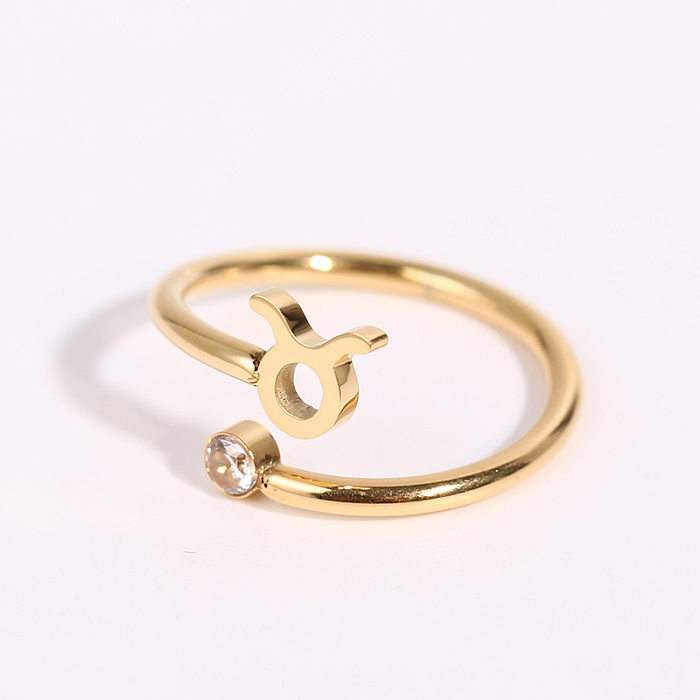 Wholesale 1 Piece Simple Style Constellation Lion Aries Titanium Steel Gold Plated Birthstone Zircon Open Ring