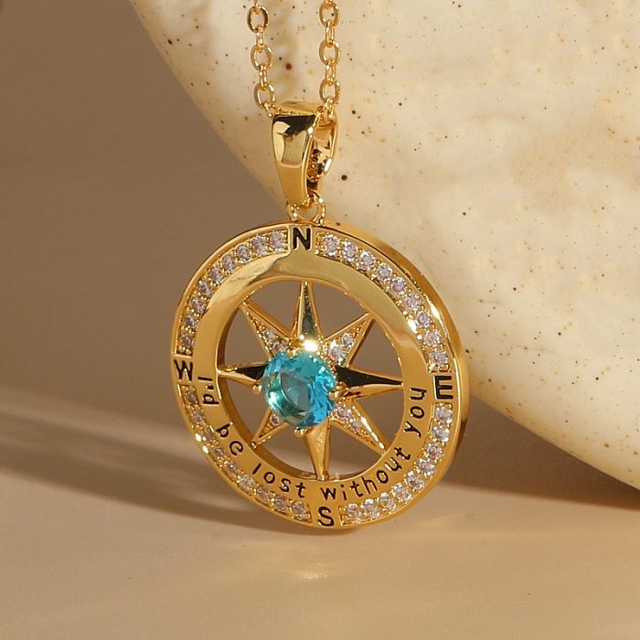 Elegant Luxurious Classic Style Compass Copper Plating Inlay Zircon 14K Gold Plated Pendant Necklace