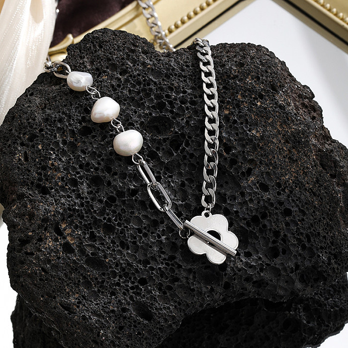 Sweet Flower Copper Plating Chain Freshwater Pearl Silver Plated Necklace