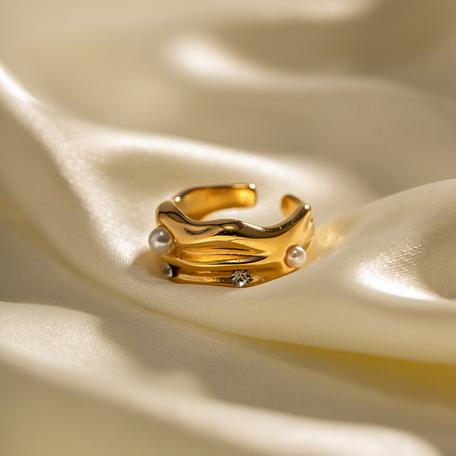 1 Stück INS-Stil, C-Form, unregelmäßige Edelstahl-Beschichtung, Inlay, künstliche Perlen, künstlicher Diamant, offener Ring