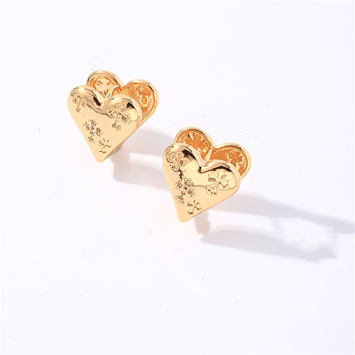 1 paire décontracté doux Style Simple coeur forme placage incrustation cuivre Zircon blanc plaqué or plaqué or clous d'oreille