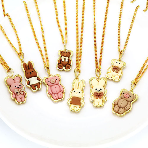 Simple Style Bear Resin Copper Plating Inlay Zircon 18K Gold Plated Pendant Necklace
