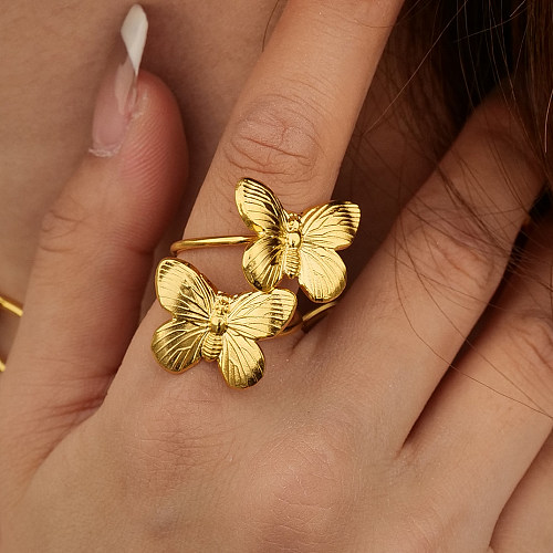 Rétro papillon élégant placage en acier inoxydable anneaux ouverts plaqués or 18 carats