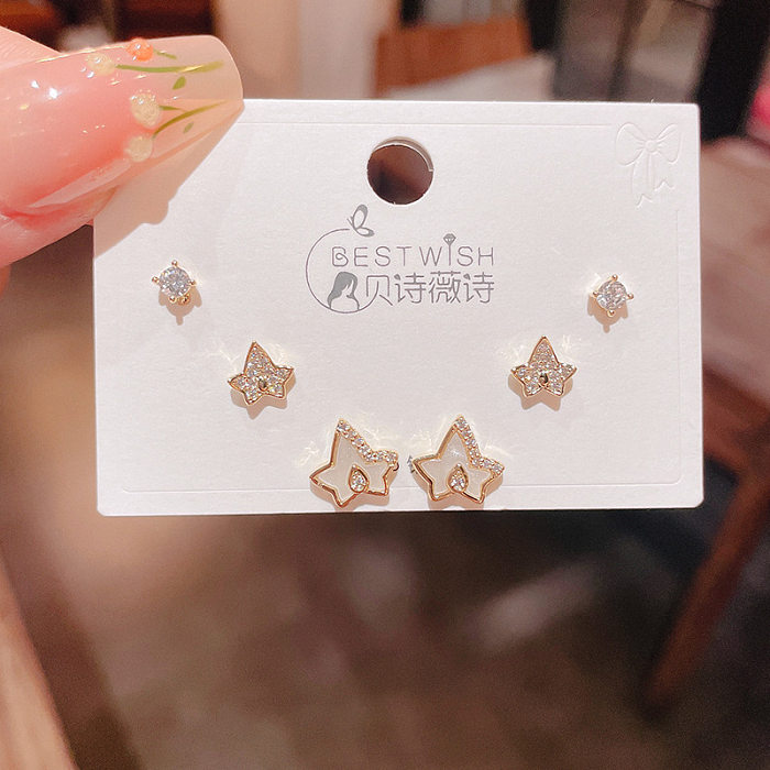 Sweet Round Butterfly Snowflake Copper Plating Inlay Zircon Ear Studs 1 Set