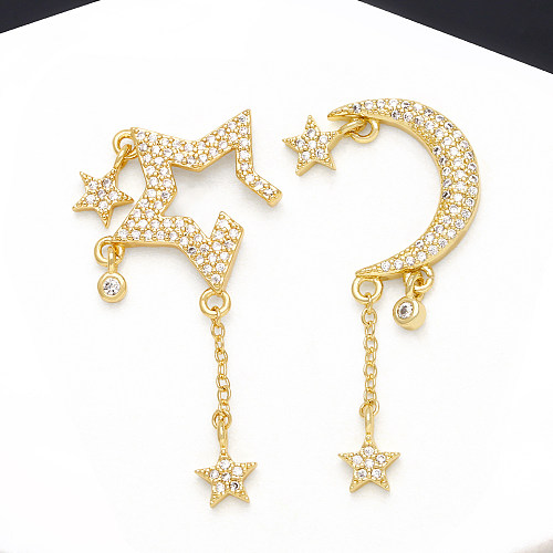 1 par elegante streetwear estrela lua chapeamento incrustação cobre zircão 18k brincos banhados a ouro