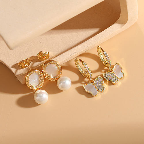 1 Pair Classic Style Butterfly Asymmetrical Plating Inlay Copper Zircon 14K Gold Plated Earrings
