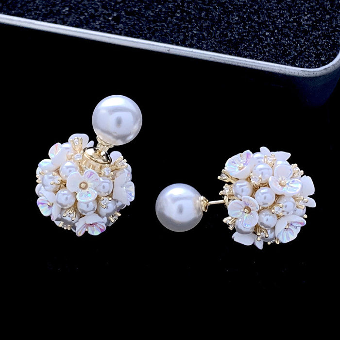 1 Pair Lady Flower Inlay Copper Artificial Gemstones Artificial Pearls Ear Studs
