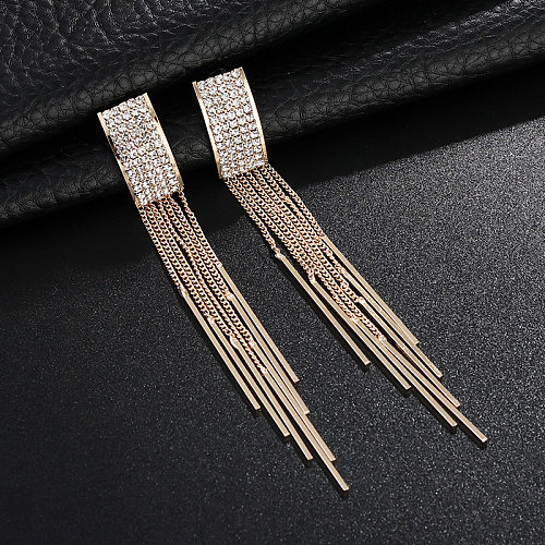 1 Pair Simple Style Shiny Tassel Plating Inlay Copper Rhinestones Drop Earrings