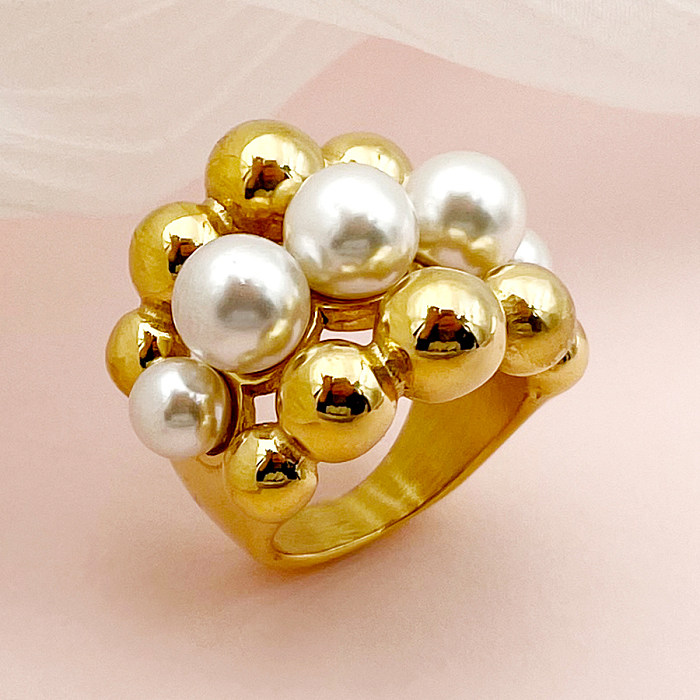 Vintage Style Simple Style Round Stainless Steel Plating Hollow Out Inlay Artificial Pearls Gold Plated Rings