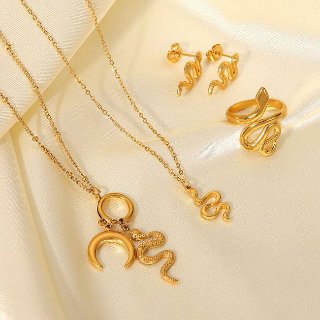 Fashion Retro 18K Gold Stainless Steel Snake-shaped Pendant Earrings Titanium Steel Ring
