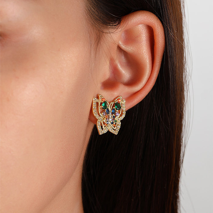 1 Pair Simple Style Butterfly Inlay Copper Zircon Ear Studs