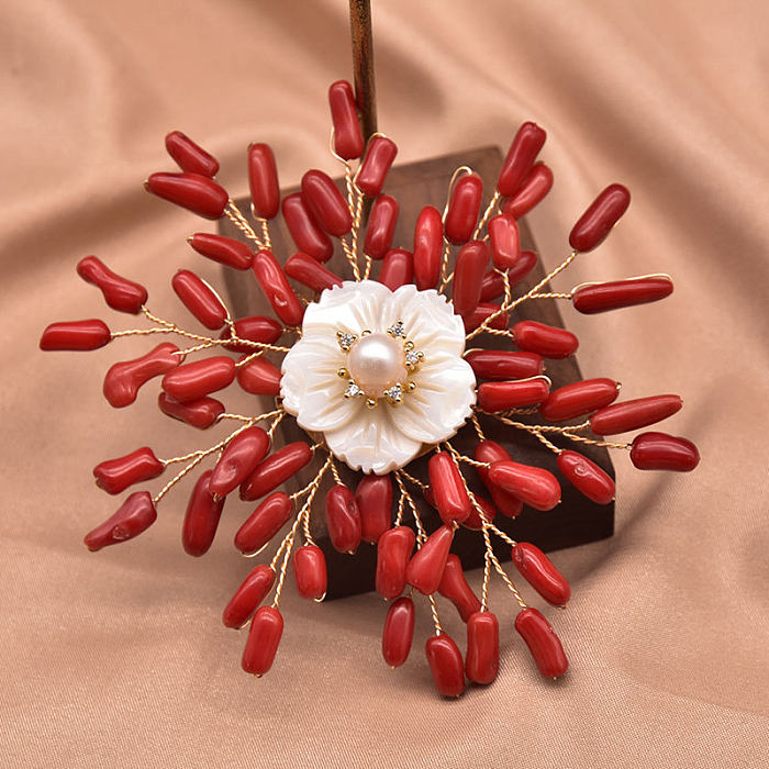 Elegante retrô flor cobre frisado chapeamento coral pérola 18K conjunto de joias banhadas a ouro