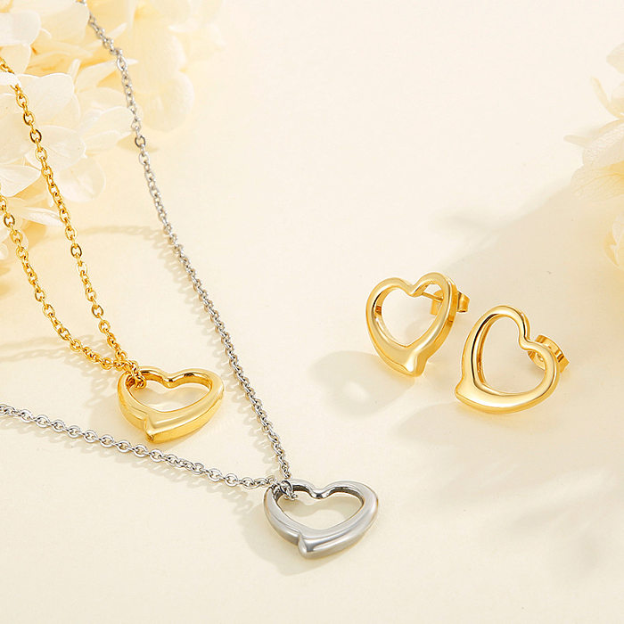 Simple Hollow Heart-shaped Double-layer Necklace Earrings Stainless Steel Set Wholesale jewelry