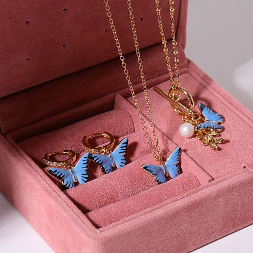 Süße Schmetterlings-Ohrring-Halskette mit Kupferbeschichtung und 18-karätigem Gold