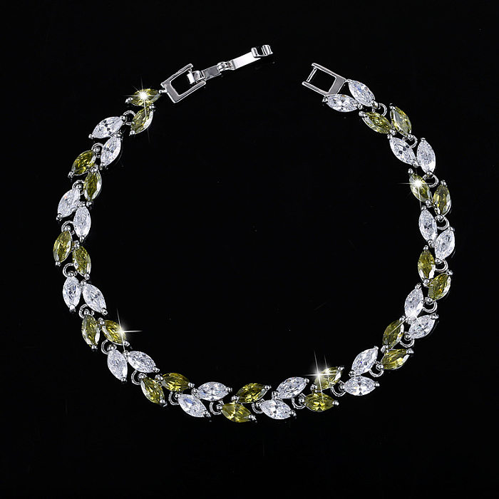 Bracelet de tennis plaqué rhodium avec incrustation de feuilles de feuilles de style hip-hop, pierres précieuses artificielles