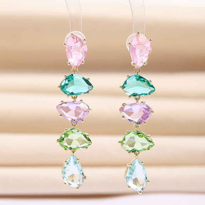 1 paire de boucles d'oreilles élégantes avec incrustation de gouttelettes d'eau en cuivre et Zircon