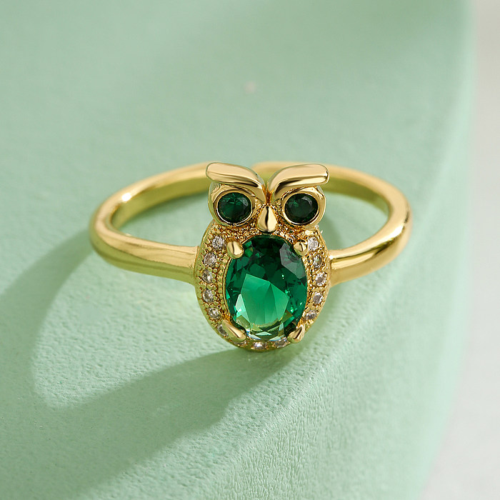 French Style Animal Owl Copper 18K Gold Plated Zircon Open Ring In Bulk