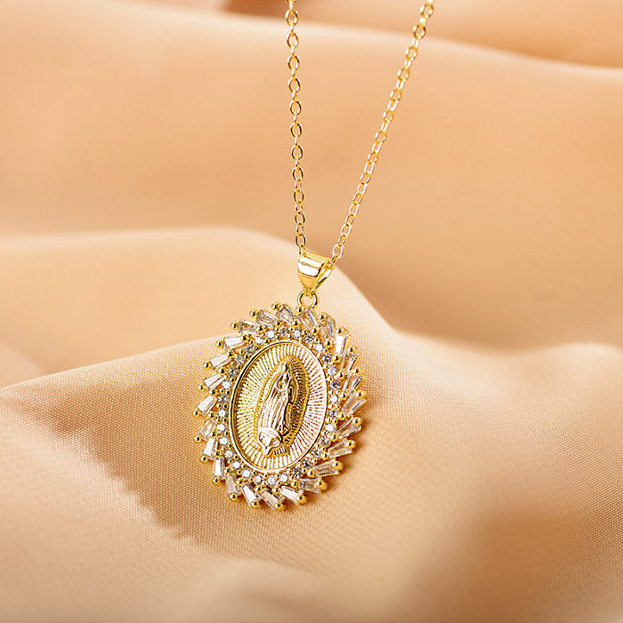 British Style Round Copper Gold Plated Zircon Pendant Necklace 1 Piece