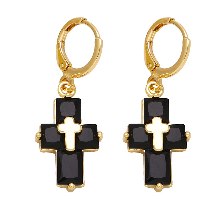 1 Pair Simple Style Cross Plating Inlay Copper Zircon 18K Gold Plated Drop Earrings