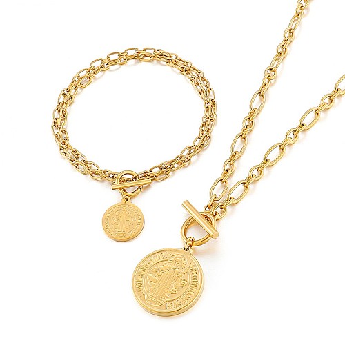 European And American Hip-hop Hipster Bracelet Necklace Simple Coin Stainless Steel Jewelry Set