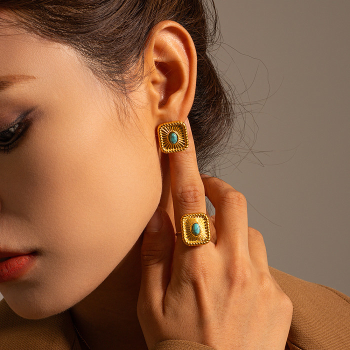 Boucles d'oreilles rectangulaires rétro de Style IG, incrustation de placage en acier inoxydable, anneaux plaqués or 18 carats Turquoise