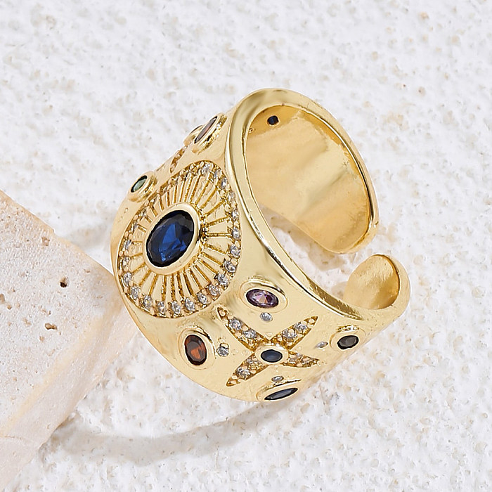 Modischer offener Ring mit geometrischem Stern, Kupfer, vergoldet, Zirkon, 1 Stück