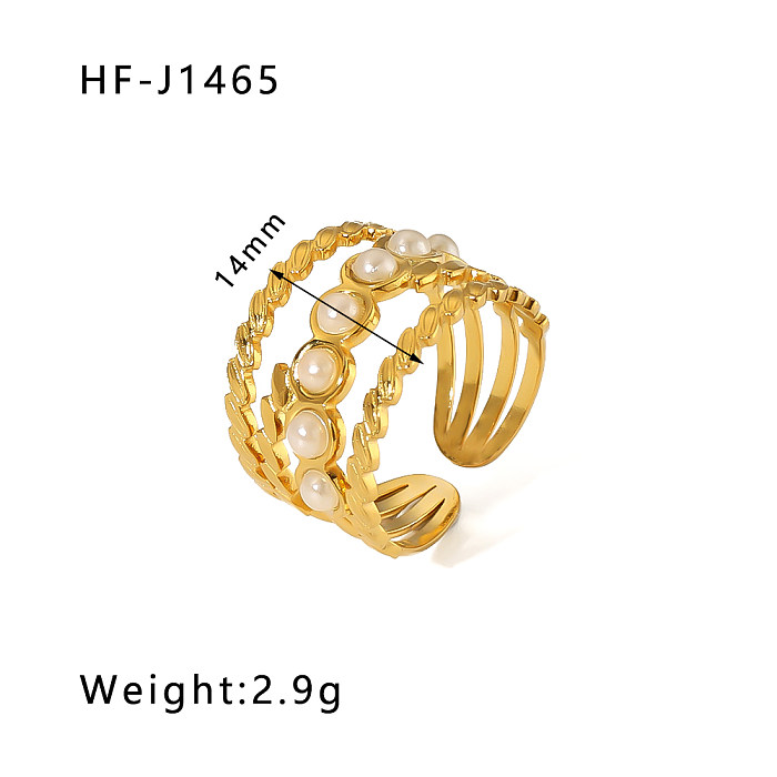 Básico estilo vintage redondo chapeamento de aço inoxidável embutido pedra natural anéis abertos banhados a ouro 18K