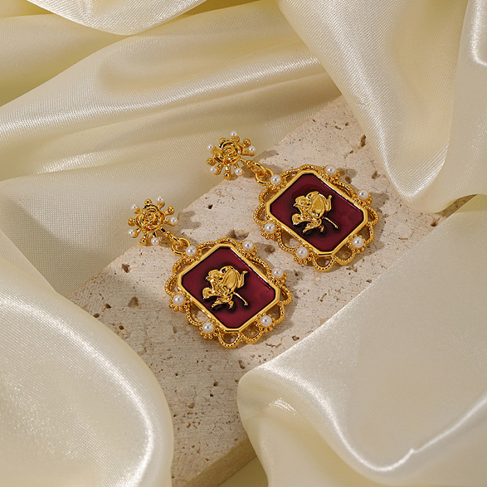 1 Pair Chinoiserie Commute Rose Enamel Plating Inlay Copper Artificial Pearls 18K Gold Plated Drop Earrings