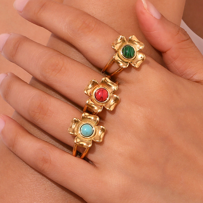 Wholesale Vintage Style Simple Style Color Block Flower Stainless Steel Plating 18K Gold Plated Rings