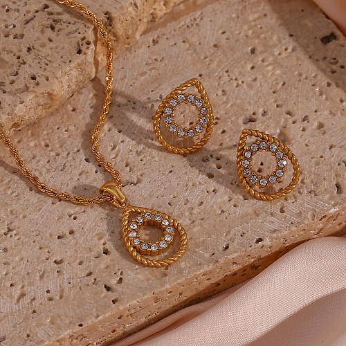 Elegant Water Droplets Stainless Steel Plating Inlay Rhinestones 18K Gold Plated Earrings Necklace