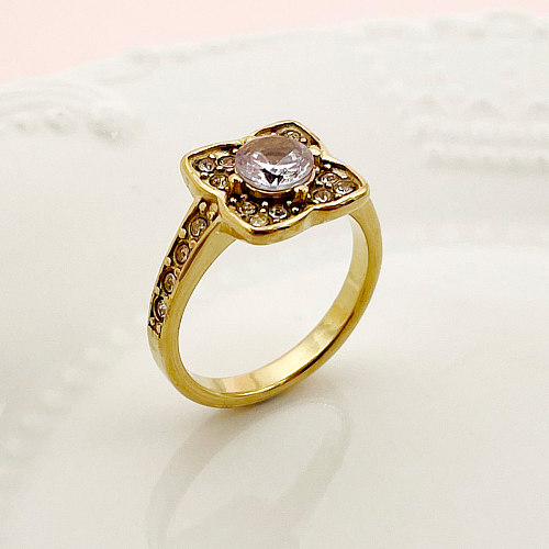 Vintage Style Luxurious Flower Stainless Steel Plating Inlay Zircon Gold Plated Rings