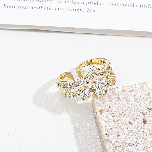 Anéis abertos elegantes femininos geométricos de cobre embutidos de zircão banhados a ouro