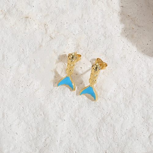 1 Piece Elegant Classic Style Fish Tail Enamel Plating Copper 14K Gold Plated Ear Studs