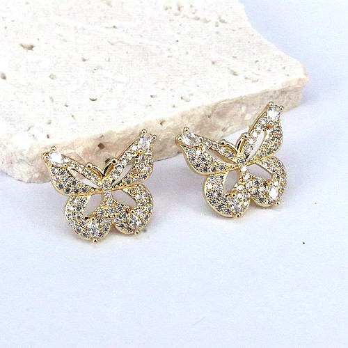 1 Paar elegante Streetwear-Ohrringe mit Schmetterlings-Inlay, Kupfer, künstlicher Diamant, vergoldet