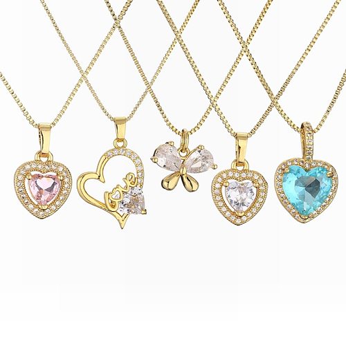 Cute Sweet Heart Shape Copper Plating Inlay Zircon Pendant Necklace