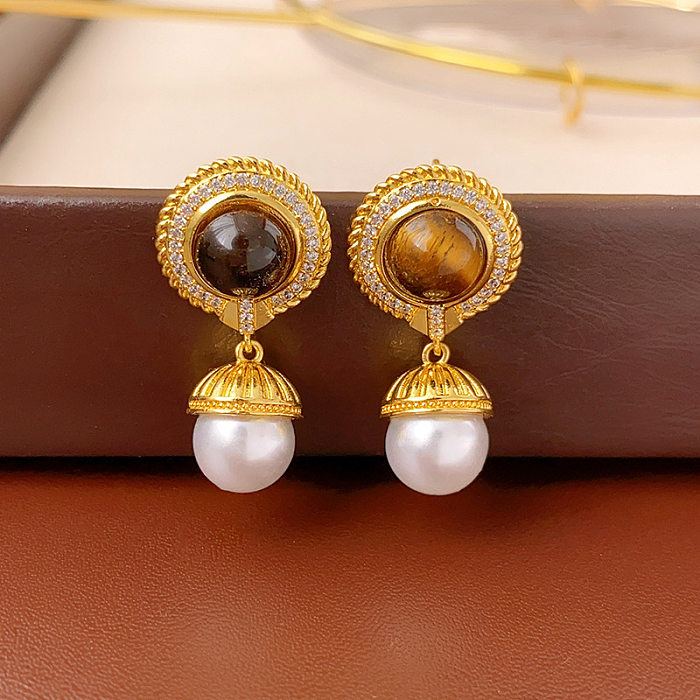 1 paire de boucles d'oreilles élégantes rétro avec incrustation de gouttelettes d'eau en cuivre et perles