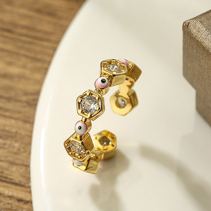 Simple Style Commute Hexagon Devil'S Eye Copper Enamel Plating Inlay Zircon 18K Gold Plated Open Ring