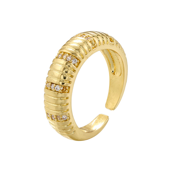 Elegant Round Stripe Copper Plating Inlay Zircon 18K Gold Plated Open Rings