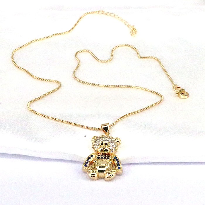 Hip-Hop Retro Little Bear Copper Plating Inlay Zircon Gold Plated Pendant Necklace