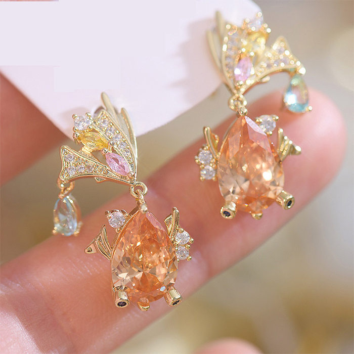 1 Pair Elegant Fish Plating Inlay Copper Zircon 14K Gold Plated Drop Earrings