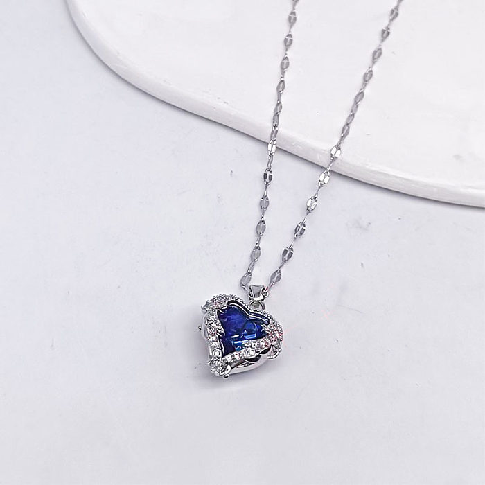 Fashion Heart Shape Titanium Steel Copper Plating Inlay Zircon Pendant Necklace 1 Piece
