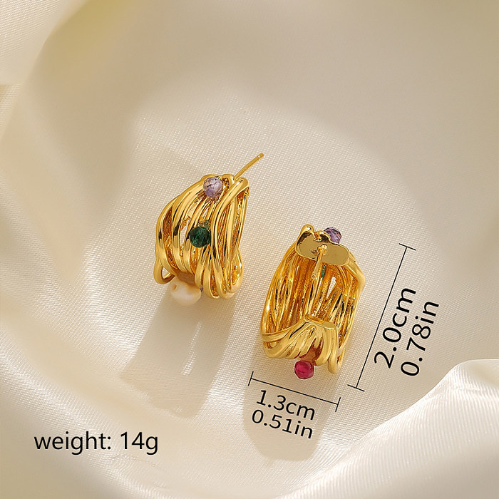 1 Pair Retro Letter Plating Inlay Copper Crystal Freshwater Pearl 18K Gold Plated Ear Studs