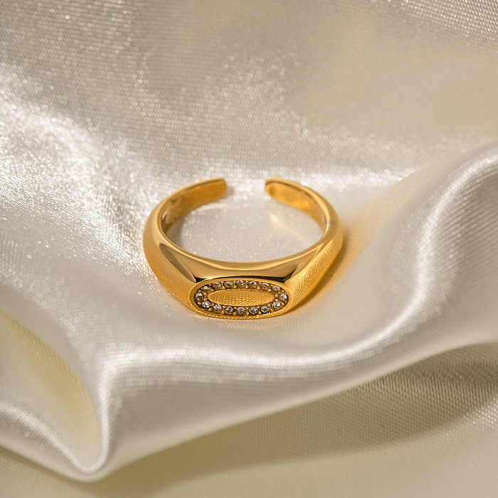 INS-Stil, einfacher Stil, ovaler offener Ring mit Edelstahlbeschichtung, Inlay, Strasssteinen, 18 Karat vergoldet