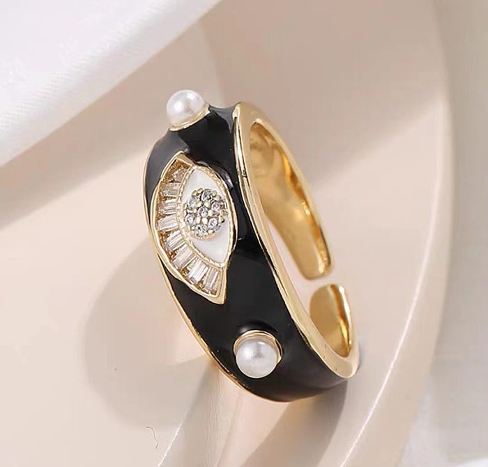 Elegante streetwear olho cobre esmalte inlay pérolas artificiais zircão anel aberto